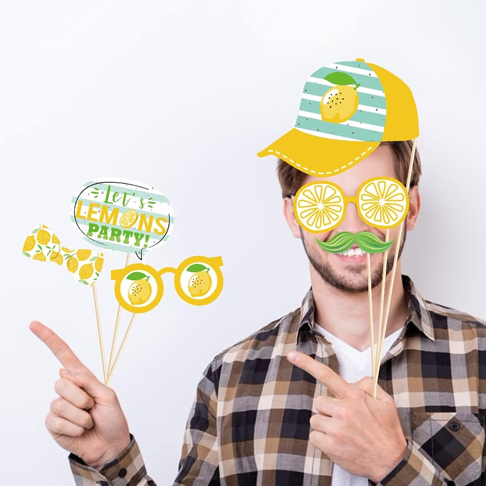 25 Pcs Lemon Theme Photo Booth Props | Lemonade Stand Decoration, Summer Lemon Birthday, Baby Shower, Bridal Shower Supplies