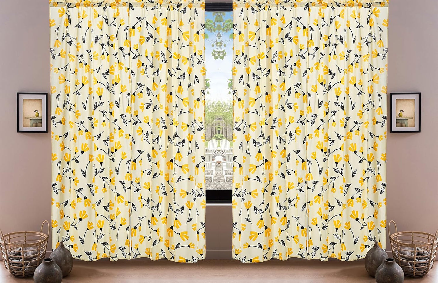 DaDa Bedding Botanical Floral Window Curtain Panels - Natural Semi Sheer Yellow Fleur Golden Orange Spring Time Tulips Straight Tailored Edge - 54 x 84