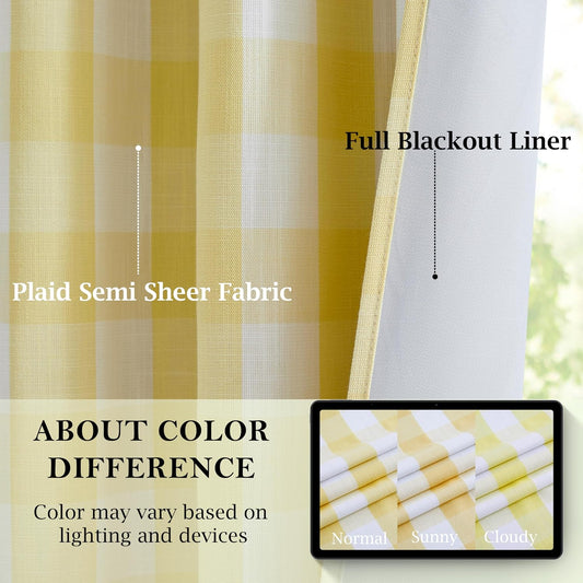 Buffalo Plaid Blackout Curtains 90 Inches Length,Yellow White Farmhouse Thermal Insulated Double-Layer Drapes,Rustic Window Treatment for Bedroom Living Room,Rod Pocket Back Tabs,40"Wx90"Lx2