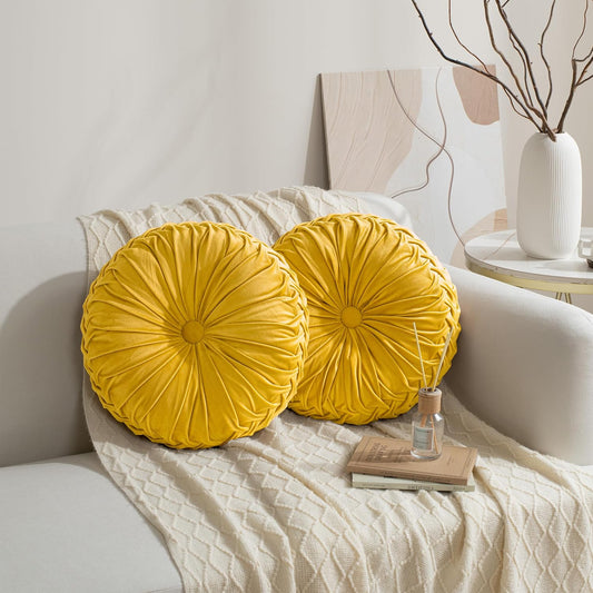 HIG Set of 2 Yellow Ruched Velvet Round Throw Pillows β 14.5ββ Decorative Pillows with Soft Polyester Filling for Couch, Bed, Living Room, Bedroom, or Dorm β Handmade, Stress Relieving, All-Season
