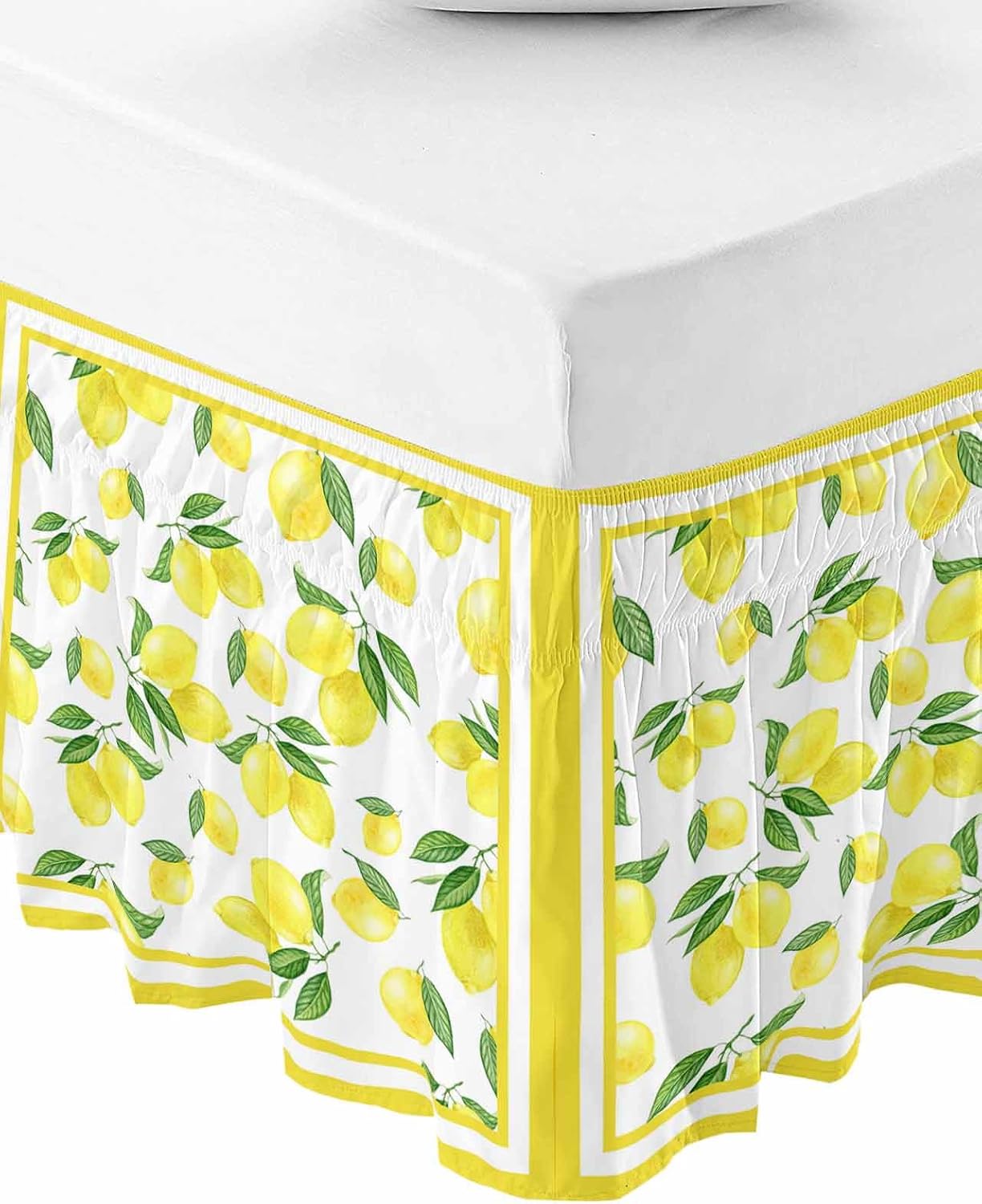 Yellow Lemon Bed Skirt Queen Size 16 Inch Drop, Adjustable Elastic Wrap Around Bed Skirts Easy Fitting Dust Ruffle Bedskirt Bed Frame Cover Summer Watercolor Fruits Leaf