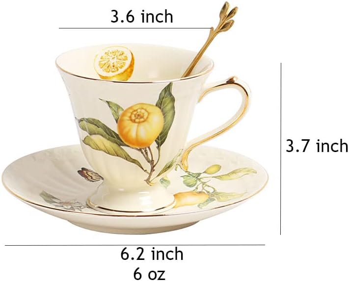 Porcelain Cup and Saucer Set with Golden Spoon, 6oz Tea Cup Coffee Mug, Cute Lemon Pattern