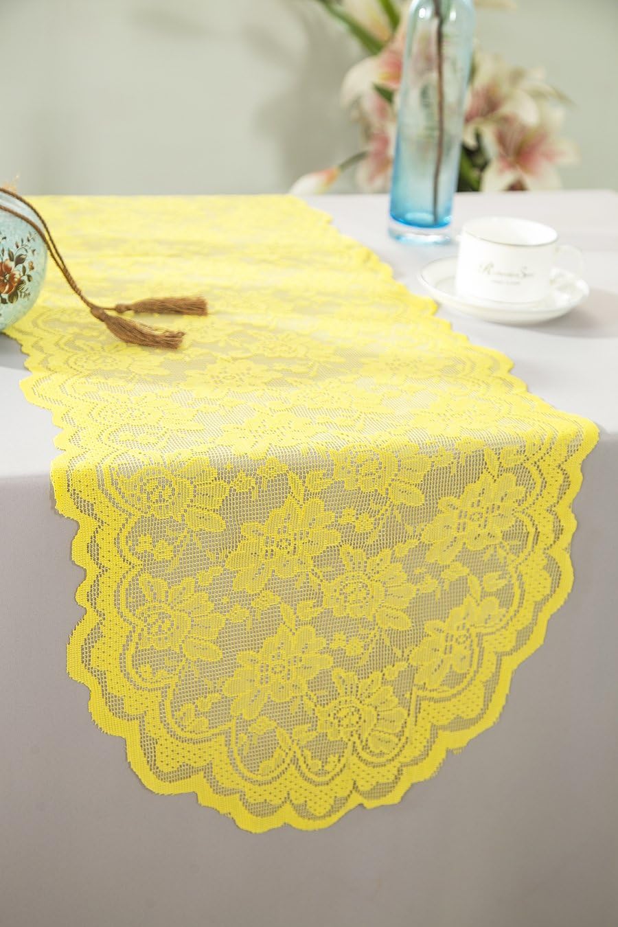Wholesale 13.5 in x108 in Lace Table Runner Wedding Table Runner for Wedding Décor Events Banquet Party Supplies - Canary Yellow