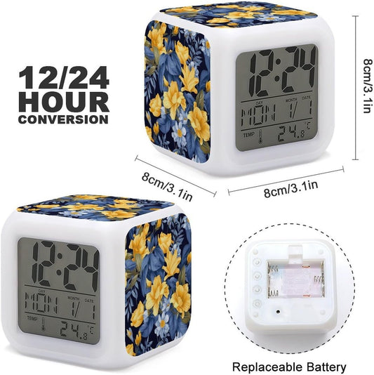 LED Digital Alarm Clock with 7 Color Changing Night Light | Blue Yellow Floral, Multi-functional Calendar Temperature Time Date Display, Wake up Clock for Bedroom Bedside Decor