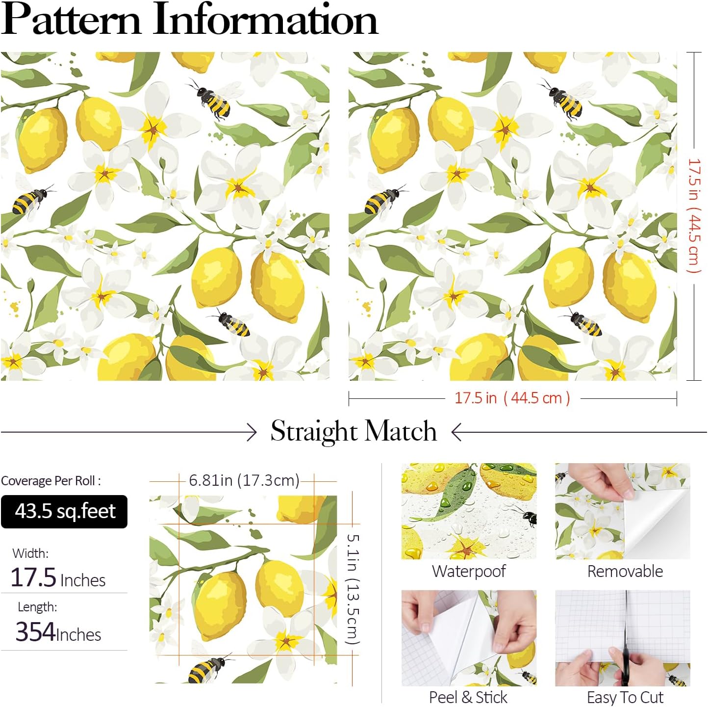 Yellow Watercolor Lemon Wallpaper White Floral Contact Paper Peel and Stick Bee Green Leaf Wall Paper Prepasted Removable Wallpaper for Bedroom Kids Walls Ktichen Cabinets Waterproof 17.5x118