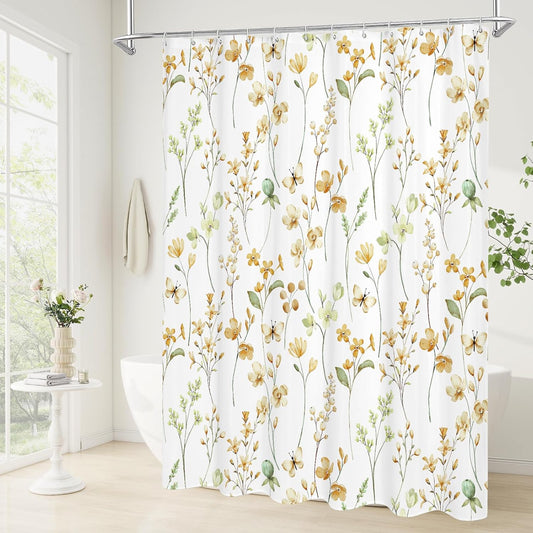 Litabel Watercolor Floral Shower Curtain, Yellow Butterfly Flower Shower Curtain for Bathroom, Modern Minimalist White Waterproof Fabric Shower Curtain Set, 72x72 Inch