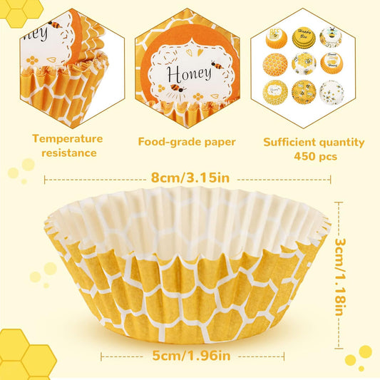450pcs Yellow Cupcake Liners - 9 Bee Designs for Parties & Celebrations