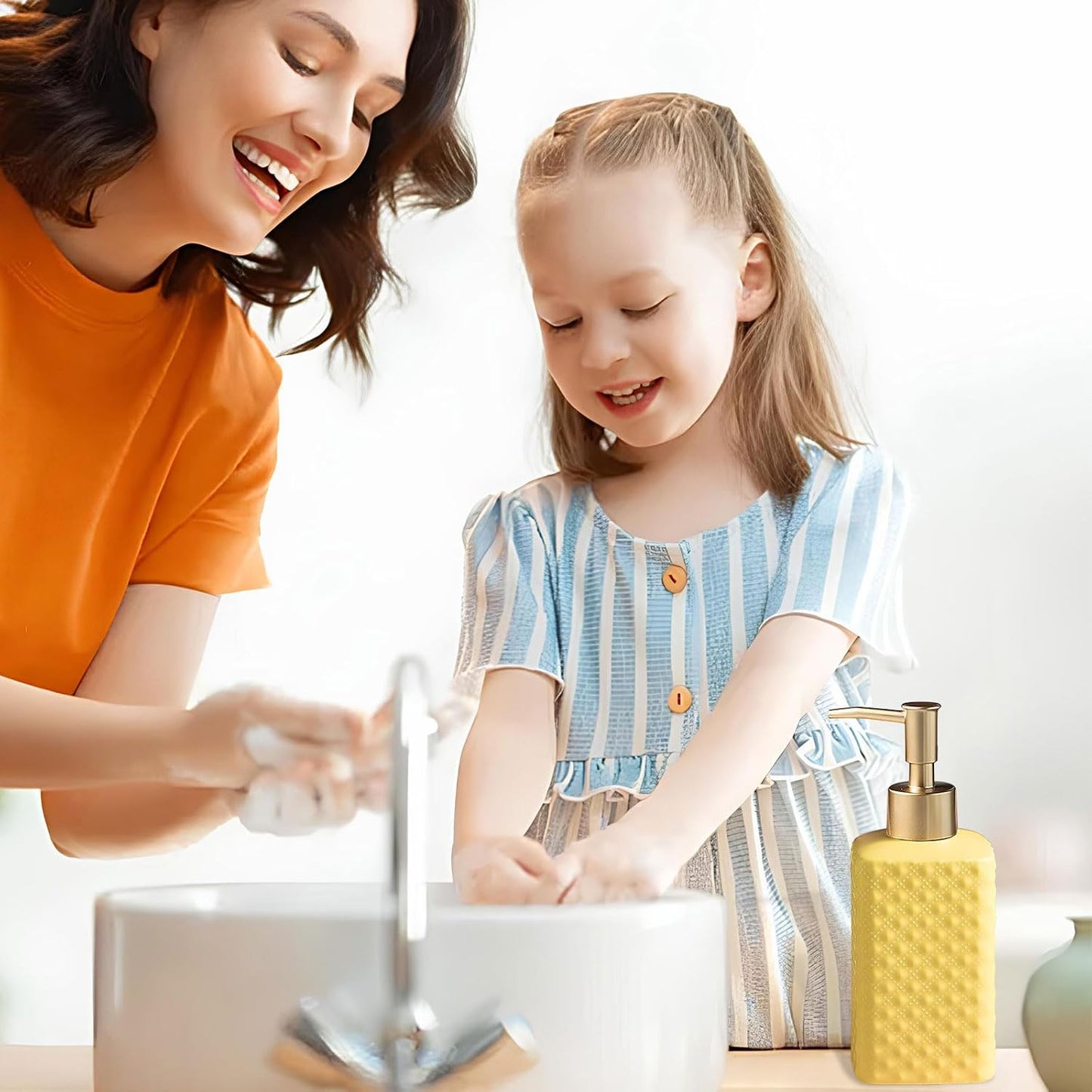 Bathroom Accessories Set Ceramic Soap Dispenser Toothbrush Holder Bathroom Tumbler Soap Dish Bathroom Decor Vibrant Modern Bathroom Set (Yellow 4-Piece Suit)