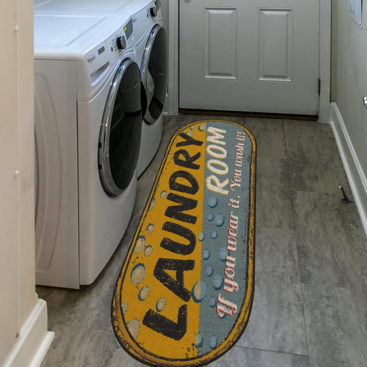 20" x 59" Oval Laundry Room Rug - Non-Slip Mat for Laundry & Mudroom - Durable, Stain-Resistant, and Easy to Clean - Perfect for High-Traffic Areas - Runner Rug for Entryway, Yellow/Gray