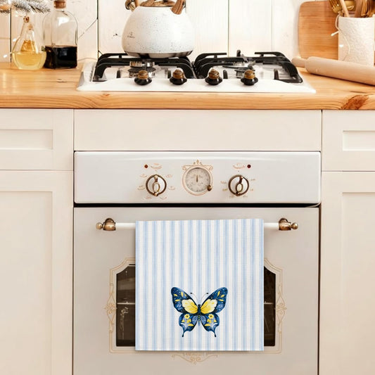 Yellow Floral Butterfly Kitchen Towels, Cottage Core Flower Botanical Butterfly Decorative Blue Striped Hand Dish Tea Towels for Bathroom Kitchen, 16x24 Inches