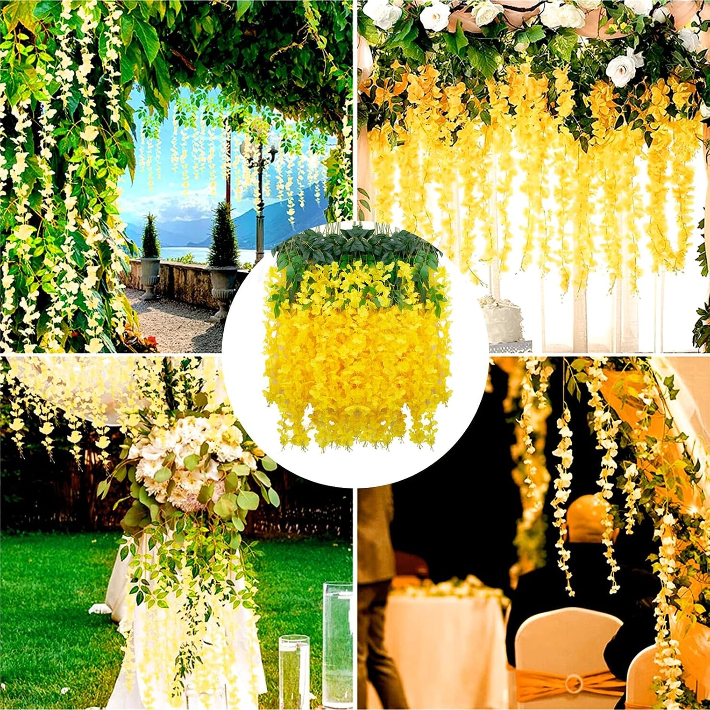 5 Pack Yellow Wisteria Hanging Flowers Garland, 3.44 Feet Artificial Flower Vines, Fake Wisteria, Artificial Vines Hanging Garland for Backdrop Outdoor Yard Garden Decor