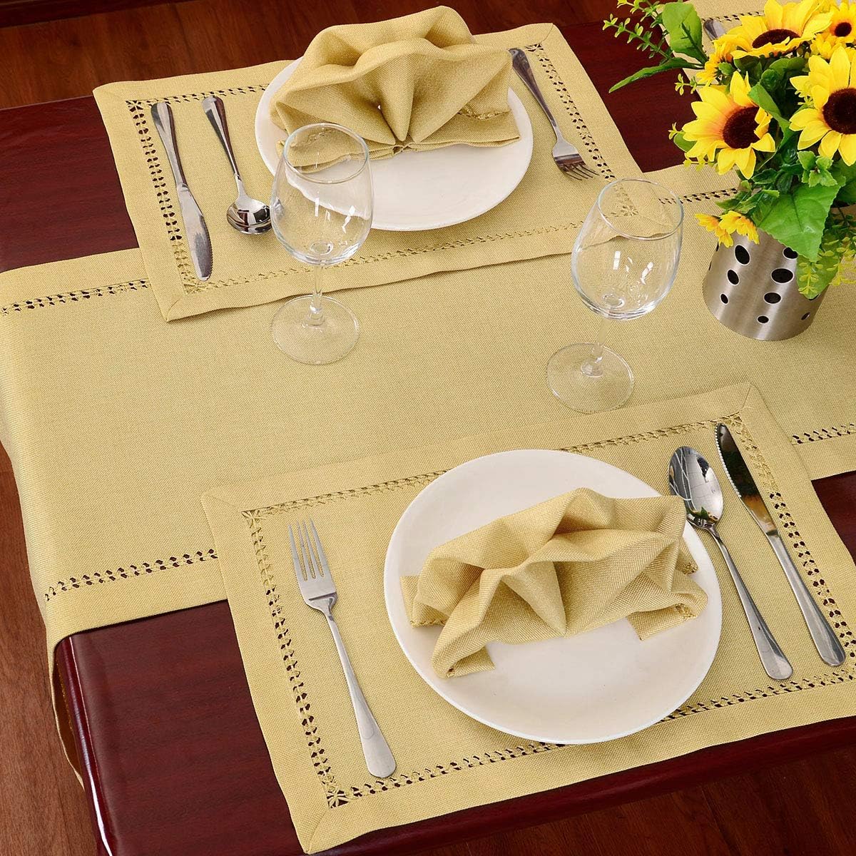 Handcrafted Solid Color Dining Table Runner, Dresser Scarf, Double-Hemstitched (Yellow, 14 x 54)