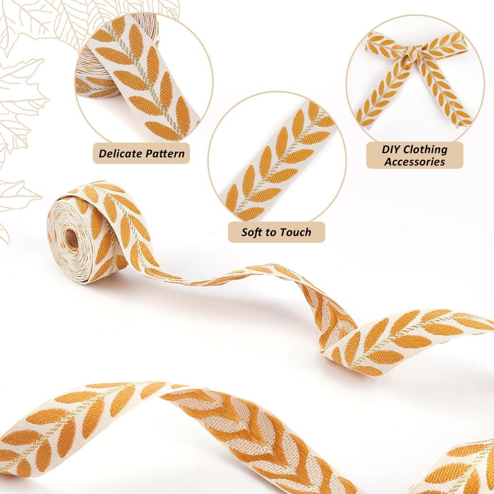 Embroidered Yellow Ribbon White Polyester Jacquard Ribbons Trim Tape Embroidery Leaf Pattern Ethnic Woven Fabric Trimmings Bulk for Sewing Making Crafts Clothes Dresses Accessories Supply