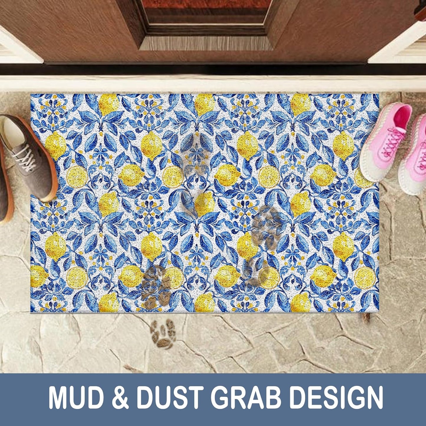 Italian Amalfi Coast Lemon Door Mat,Mediterranean Tiles Lemons Doormat Non-Slip for Front Door Porch Indoor Outside Entrance Entryway, Blue and White Floral Welcome Mat, 17x30 Inch