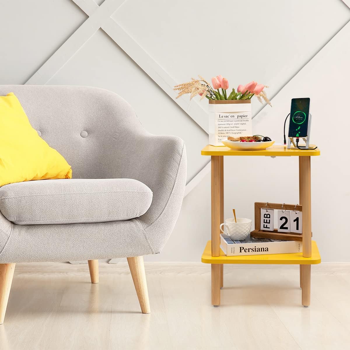 End Table Nightstand with USB Ports and Outlets | Clean Scandinavian-inspired design, USB &outlets, lightweight and portable, scratch-resistant coating, holds up to 50 lbs