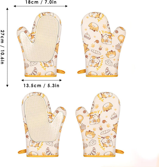Non-Slip Silicone Oven Mitts Pair Cute BPA-Free Oven Mitts for Heat Resistant 500 Degrees Washable Kitchen Mittens with Cotton Lining for Cooking Baking Grilling (Light Yellow)