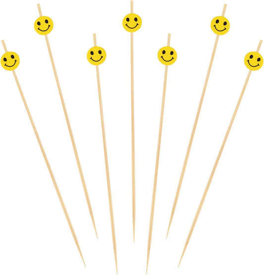 5.9" Decorative Yellow Smiley Smile Face Cocktail Sandwich Fruit Cupcake Bamboo Skewer Picks for Any Party, 100 Pieces