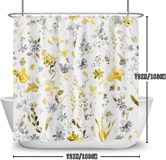 Yellow Gray Floral Shower Curtain,Watercoor Flower Leaves Shower Curtain Set for Bathroom,Yellow and Gray Plants Fabric Bath Curtain with Hooks, 72x72in