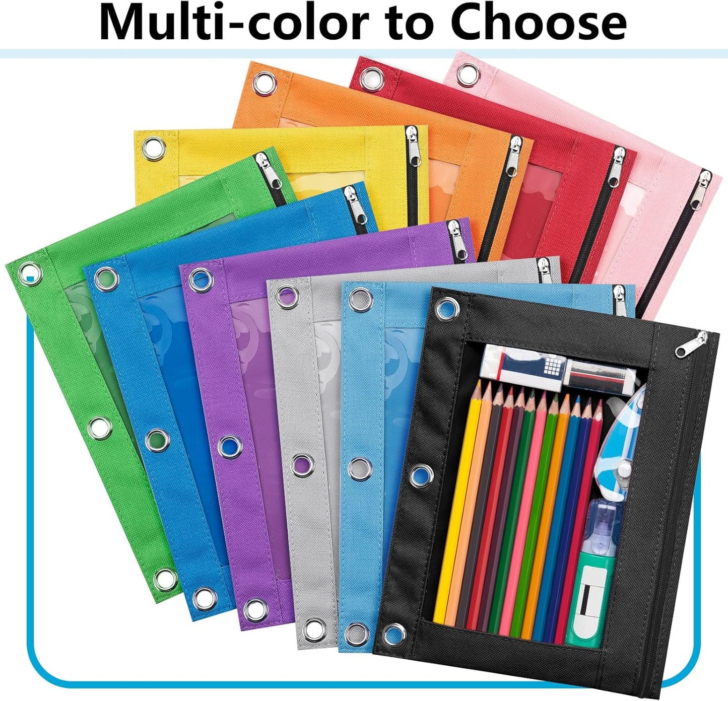Pencil Pouch for 3 Ring Binder, Clear Window Pencil Case with Smooth Zipper, Big Capacity 3 Ring Binder Pencil Bag with 3 Reinforced Grommets, Yellow