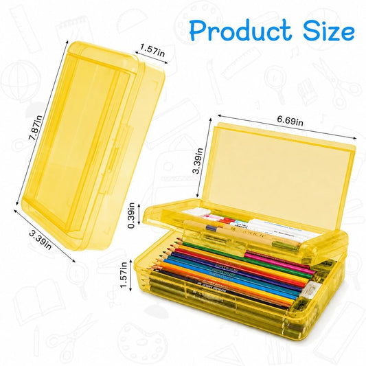 Pencil Box, Large Capacity Double Layer Pencil Case, 1 Pack Hard Pencil Case, Clear Crayon Box with Snap-tight Lid, Plastic Storage Box Art Craft Marker Organizer for Office School Supplies, Yellow