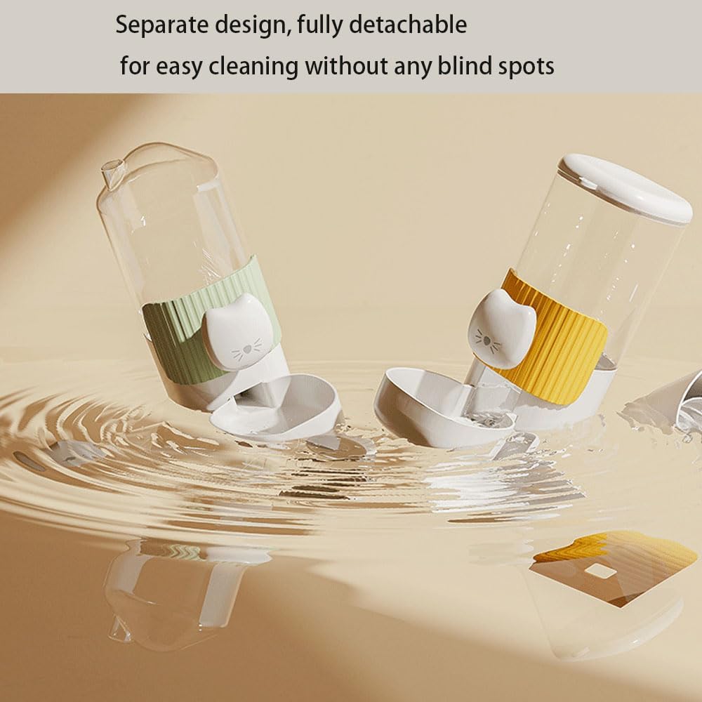 Hanging Automatic Cat Feeder and Water Dispenser Set, Gravity Pet Food & Water Bowl for Wire Cage, No-Spill Pet Feeding Station for Small Dogs Rabbits (Yellow)