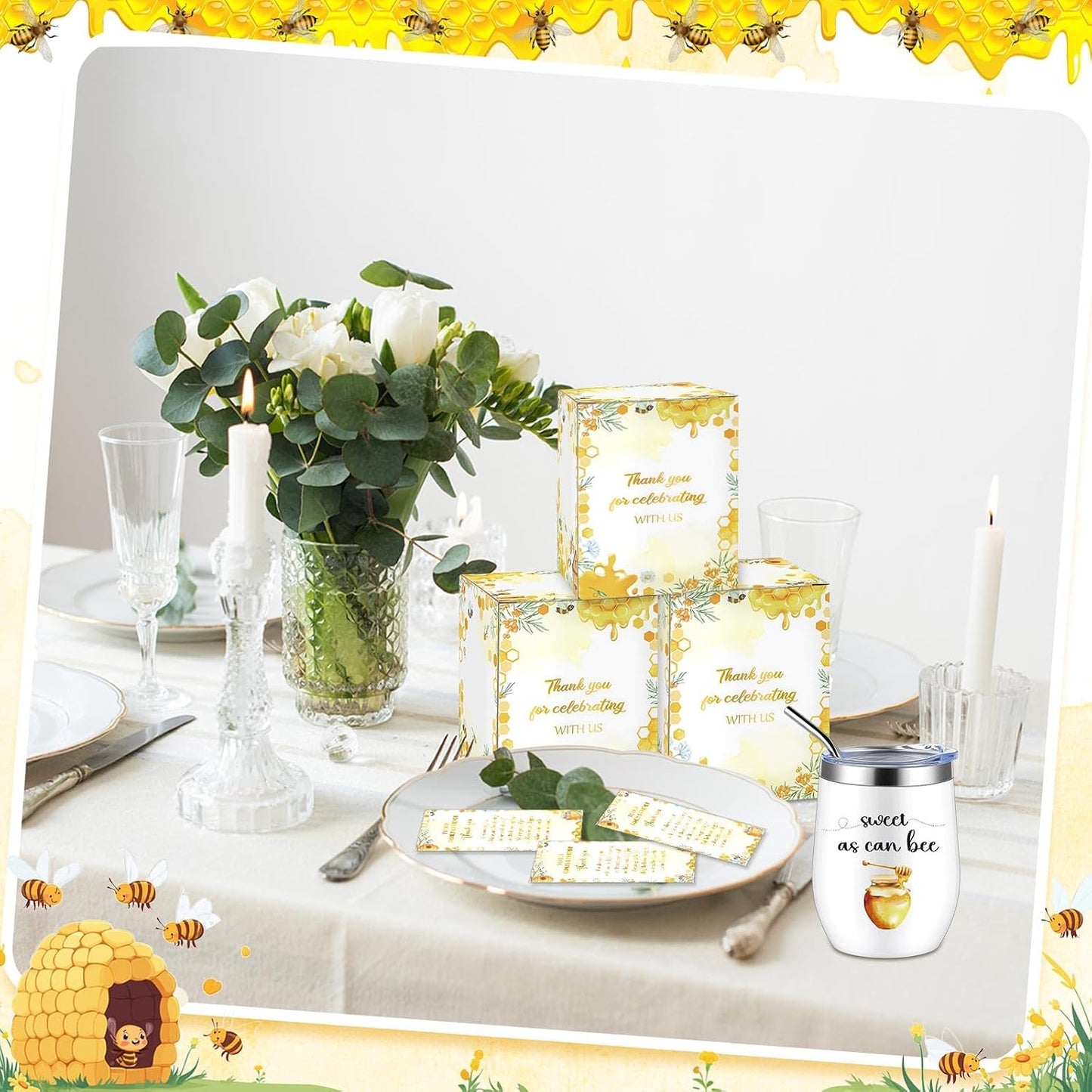 6 Set Baby Shower Game Prizes for Guests Winners 12 oz Insulated Stainless Steel Tumbler Cup with Lids, Straws, Cleaning Brush, Cards & Boxes Return Gifts(Yellow,Bee Honey)