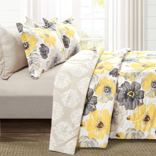 Leah Reversible Comforter Set, 6 Piece Set, King, Yellow & Gray- Watercolor Botanical Comforter Queen Size-Farmhouse Florals Bedding Decor