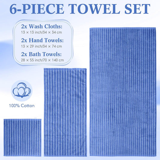 6 Pcs Large Bath Towels Set 28x55 Inch Soft Cotton Towels for Bathroom Striped Towel Set Highly Absorbent & Quick Dry Towel for Spa Gym 2 Bath, 2 Hand, 2 Washcloth (Blue, Yellow)