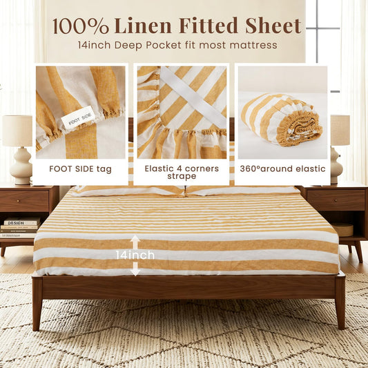 100% Organic Linen Sheets Set Queen Size 4pcs,Yellow Stripe Yarn Dyed Pattern Farmhouse Bedding Set,French Natural Stone Washed Flax Bed Sheets
