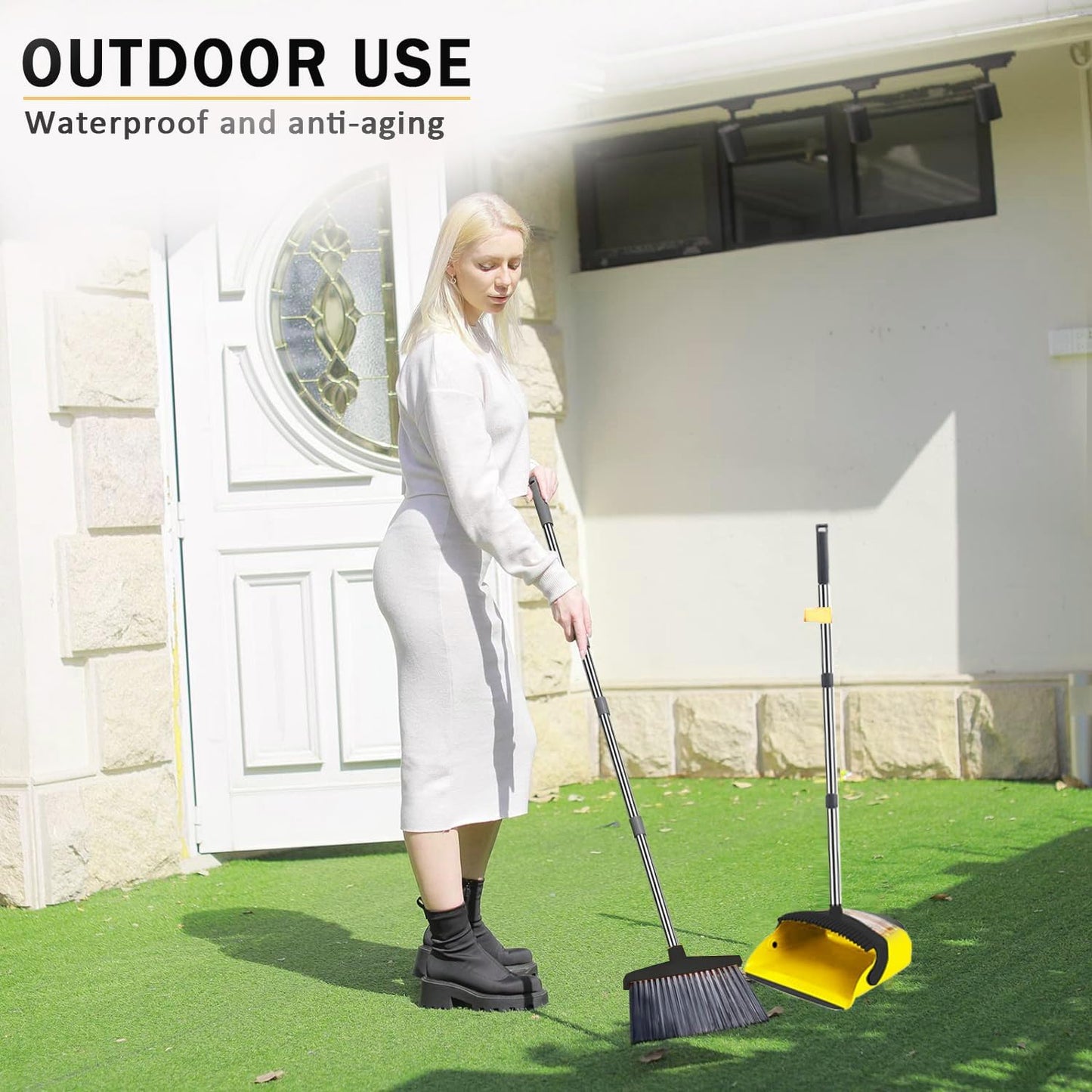 ,Brooms with Dustpan Combo Set,with 52" Long Handle, Dustpan Teeth with self-Cleaning Function, Indoor and Outdoor Sweeping, Perfect for Home Office (Large/Yellow /2-Pack)
