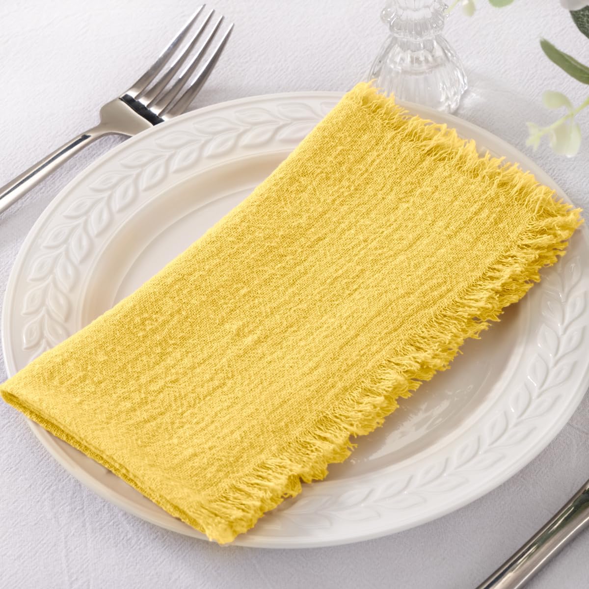 Set of 6 Linen Napkins Yellow Easter Spring Cloth Napkins Washable Cotton Dinner Napkins Fringe 17"x17" for Wedding Party Bridal Baby Shower Birthday Table Decorations