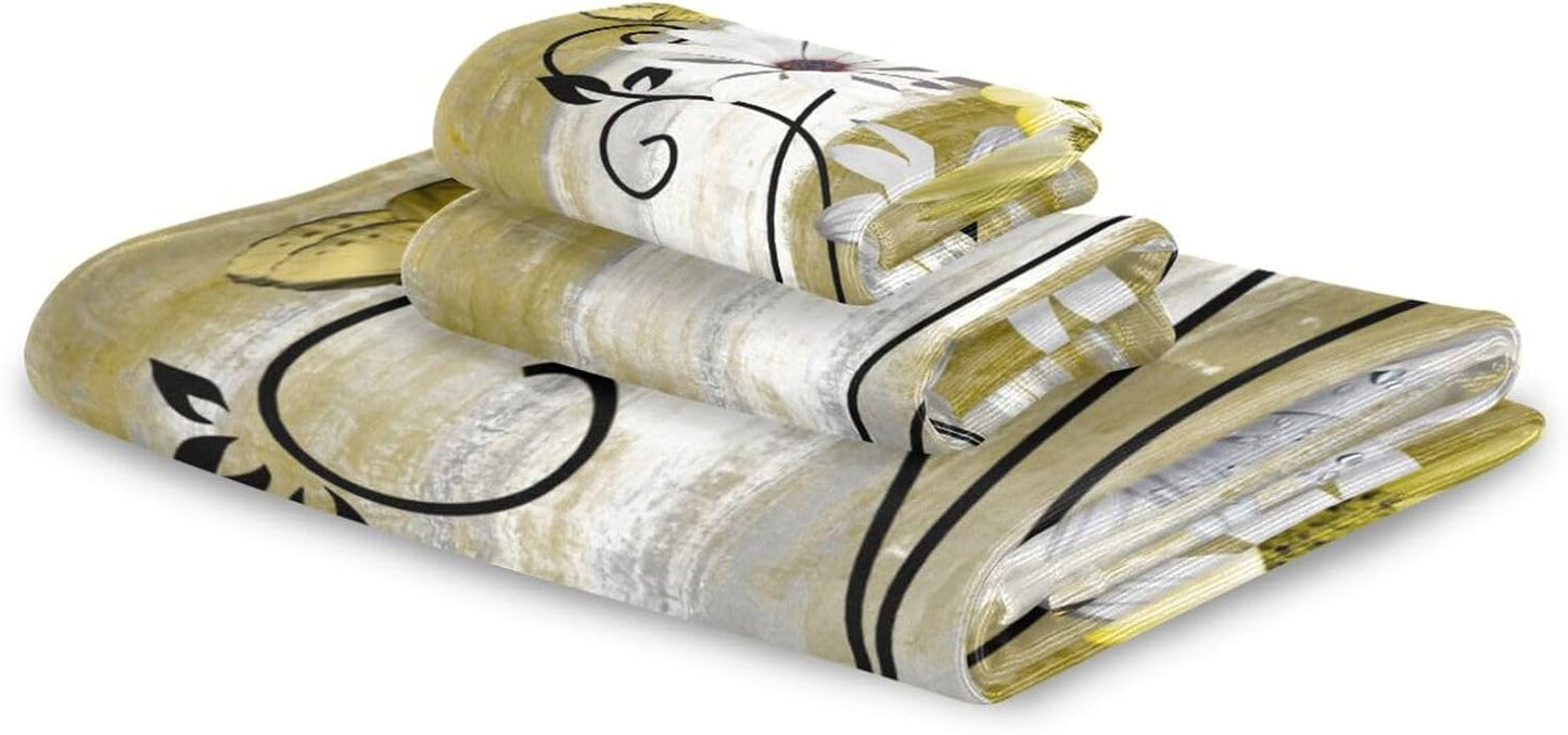 Yellow White Daisy Bath Towels Set,3 Piece Soft Rustic Butterfly Flower Towel Set,1 Bath Towel 1 Hand Towel 1 Washcloth,Absorbent Country Wooden Decorative Bathroom Towels for Kitchen Shower