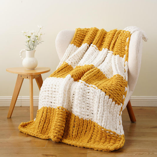 Battilo Mustard Yellow Chunky Knit Throw Blanket, Soft and Thick Chenille Throw Blanket, 50"x60" Handmade Cable Knit Crochet Blanket, Knot Knitted Throw Blankets for Couch Home Decor, Yellow & White