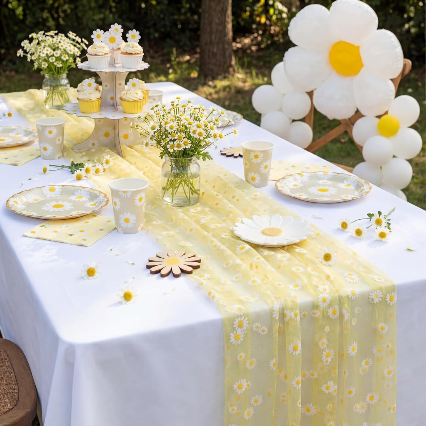 4 Pcs Yellow Daisy Table Runners 29 x 70 Inch Daisy Tulle Lace Table Runner Spring Floral Dining Tablecover for Boho Wedding Birthday Baby Shower Spring Easter Party Home Kitchen Decor