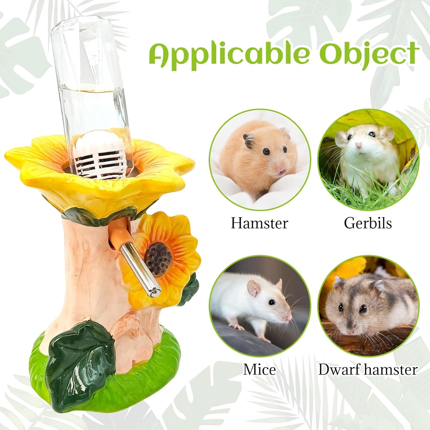 Hamster Water Bottle No Drip Ceramic Hamster Water Bottle for Glass Tank - 80ML Water Dispenser with Yellow Sunflower Stand Holder for Syrian Hamsters Dwarf Hamsters Mice Gerbils