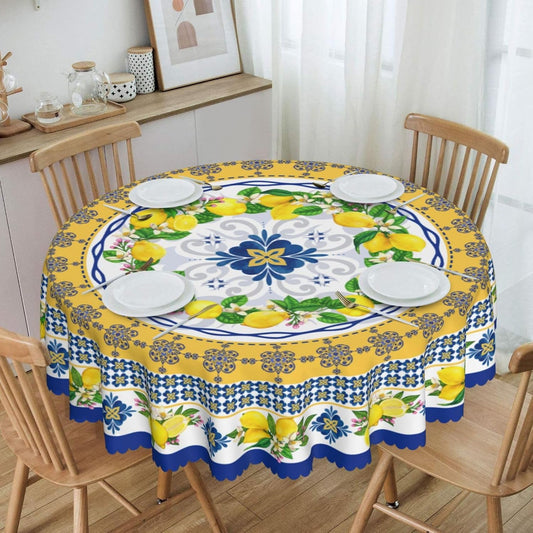 Lemon Table Cloths, Blue Tiles Summer Watercolor Fruit Floral Leaves Mediterranean Ceramic Seasonal Coffee Table Cover Decor for Kitchen Dining Room Outdoor Farmhouse Home Party, 36" Round
