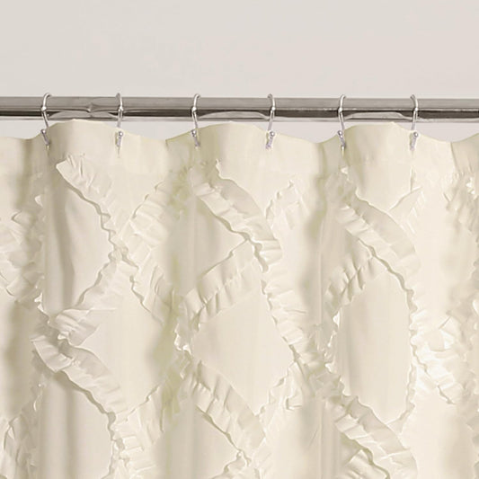 Ivory/Pale Yellow Ruffle Diamond Shower Curtain | Textured Shabby Chic Farmhouse Style Design, x 72, 72" x 72"