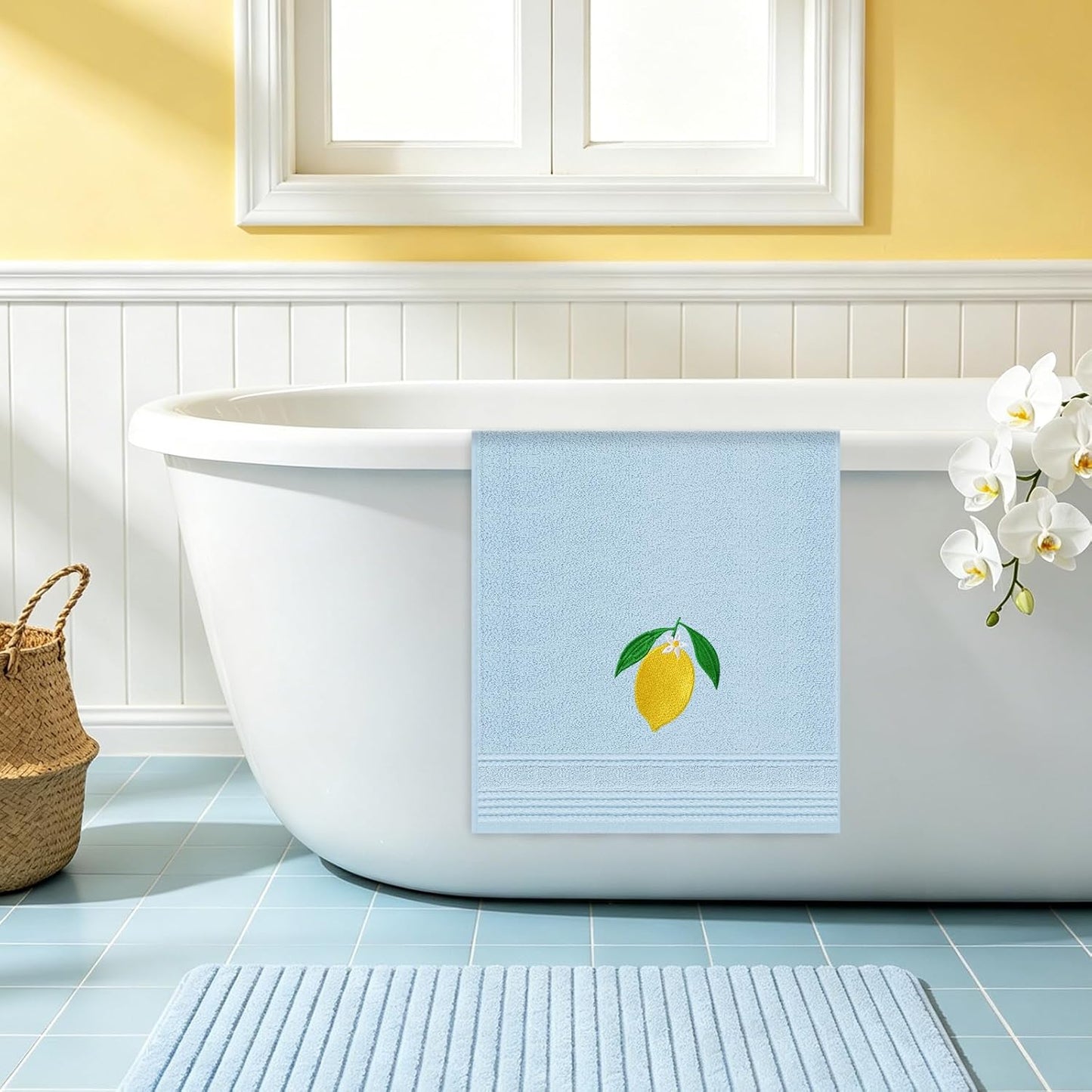 2Pcs Lemon Hand Towels Blue Cotton Embroidered Bathroom Towel Summer Lemon Floral Decorative Dish Towel for Home Bathroom Kitchen Decor, 13.4 x 29.1 Inch
