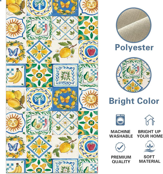 Capri Lemon Mediterranean Tile Dining Table Runner, Italy Amalfi Coast Fruit Geometric Floral Burlap Kitchen Decoration, Summer Italian Moroccan Indoor Outdoor Home Decor Party Supply 13''x72''