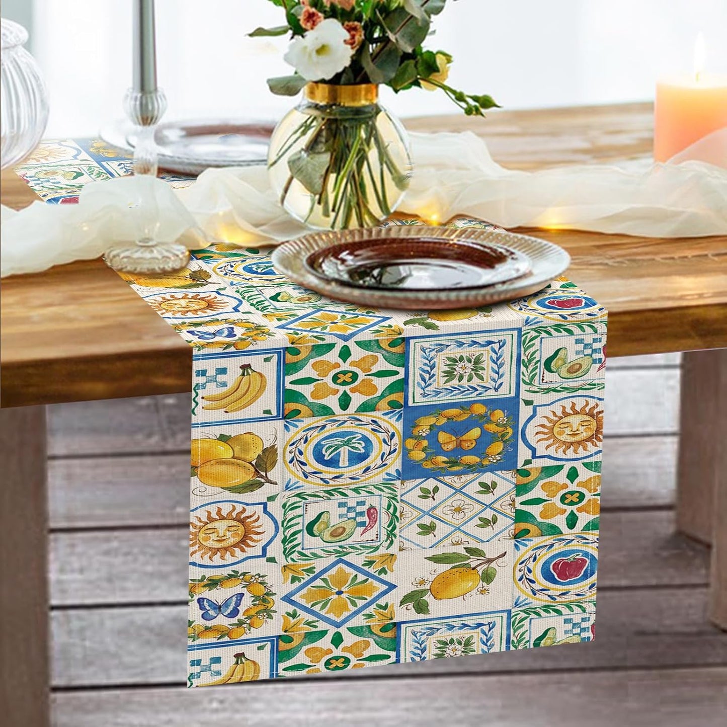 Capri Lemon Mediterranean Tile Dining Table Runner, Italy Amalfi Coast Fruit Geometric Floral Burlap Kitchen Decoration, Summer Italian Moroccan Indoor Outdoor Home Decor Party Supply 13''x72''
