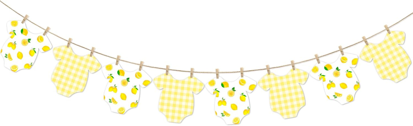 Lemon Themed Baby Shower Bunting Banner Yellow Checkered Onesie Garland with Wooden Clips for Citrus First Birthday, Sweet One Party Decorations