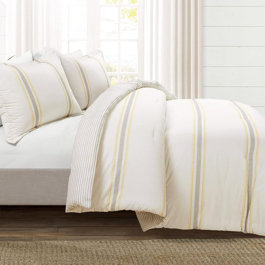 Farmhouse Stripe Reversible Cotton Comforter Set, 3 Piece Set, King, Yellow & Gray - Cozy Farmhouse Bedding Set - Rustic Decor - Striped Comforter - Modern Farmhouse Bedroom Decor