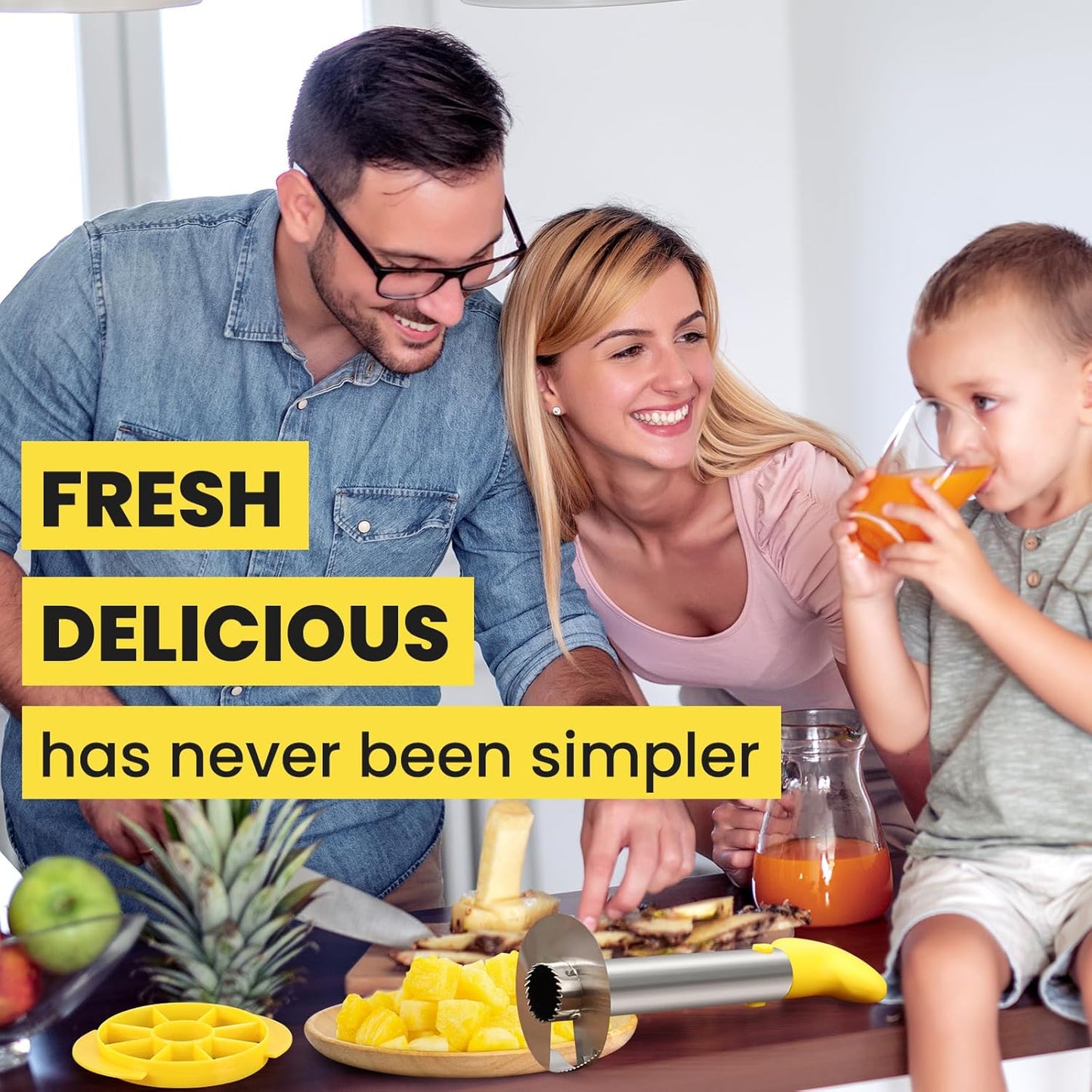 Premium Pineapple Corer and Slicer Tool - Pineapple Cutter with Sharp Serrated Tips - Easy to Use & Clean - Stainless Steel Core Remover for Pineapple - Slice and Core Fruits with Ease(Yellow)