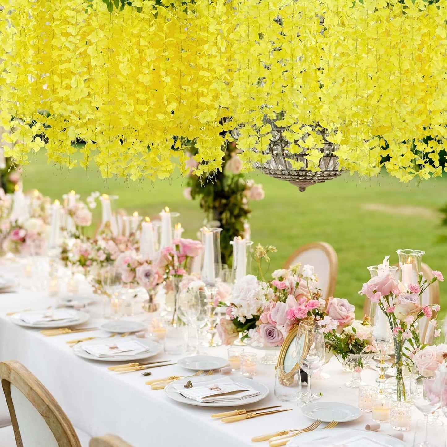 24 Pack (Total 86.4 Feet) Artificial Fake Wisteria Vine Rattan Hanging Garland Silk Flowers String Home Party Wedding Decor (24,Yellow)