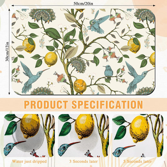 Dish Drying Mat for Kitchen Counter, 12"x20" Absorbent Coffee Bar Mat with Hummingbird Lemon Tree, Diatomite Drainer Drying Mats with Non-slip Backing for Kitchen Sink Countertop
