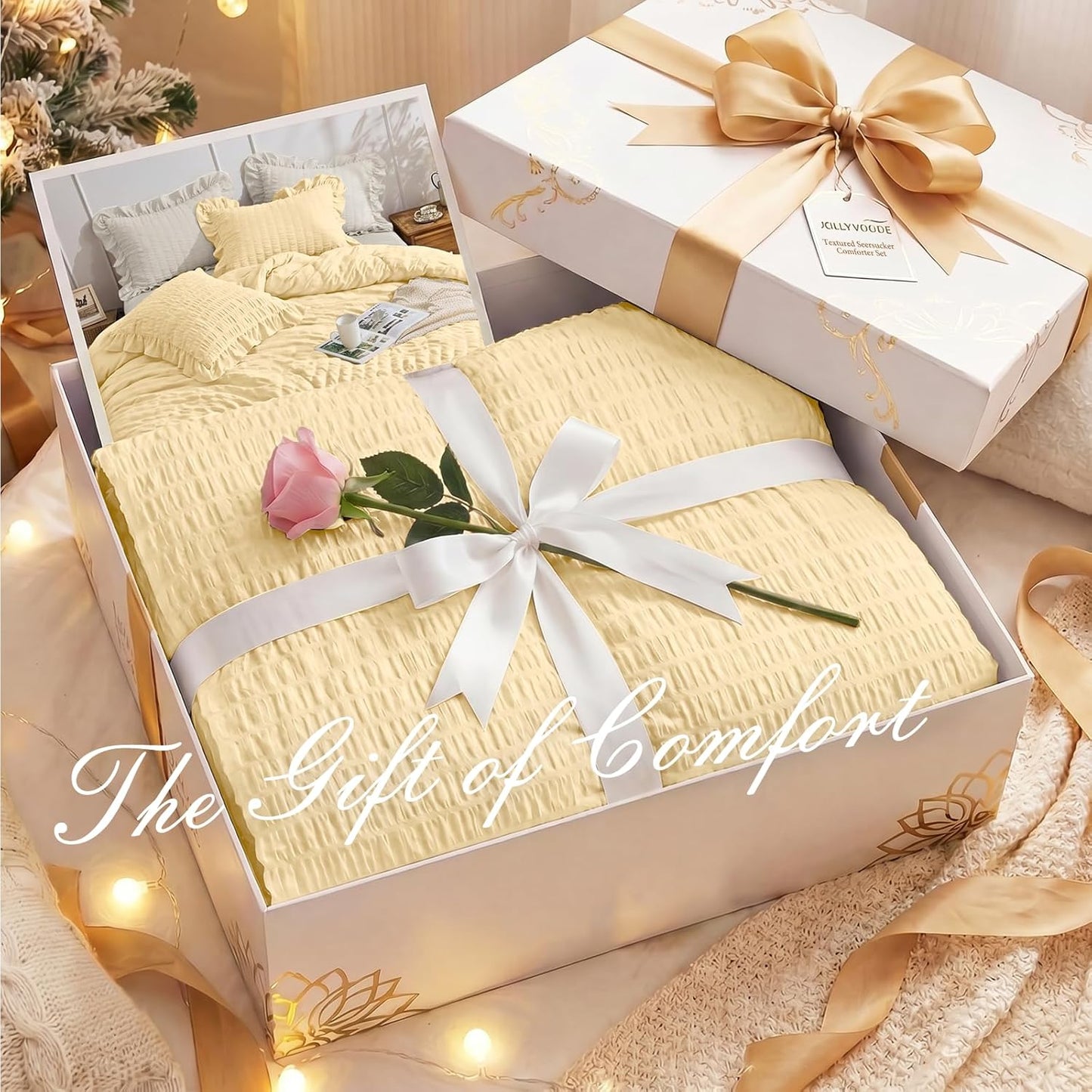 King Size Comforter Set, 3 Pieces Light Yellow Seersucker Comforters King Size, Lightweight & Fluffy Bedding Sets King for All Season with 1 Ruffle Comforter and 2 Ruffle Pillowshams