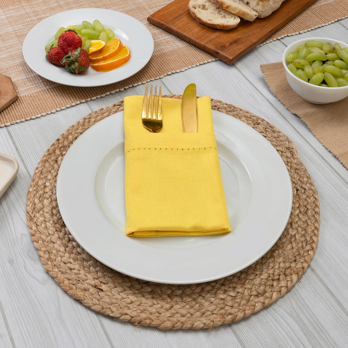Set of 12 Hemstitch Linen Napkins 100% Cotton Lemon Yellow Cloth Dinner Napkins 18x18 inches - Spring Summer Easter - Soft, Reusable, Absorbent, Washable, Ideal for Parties & Everyday Use