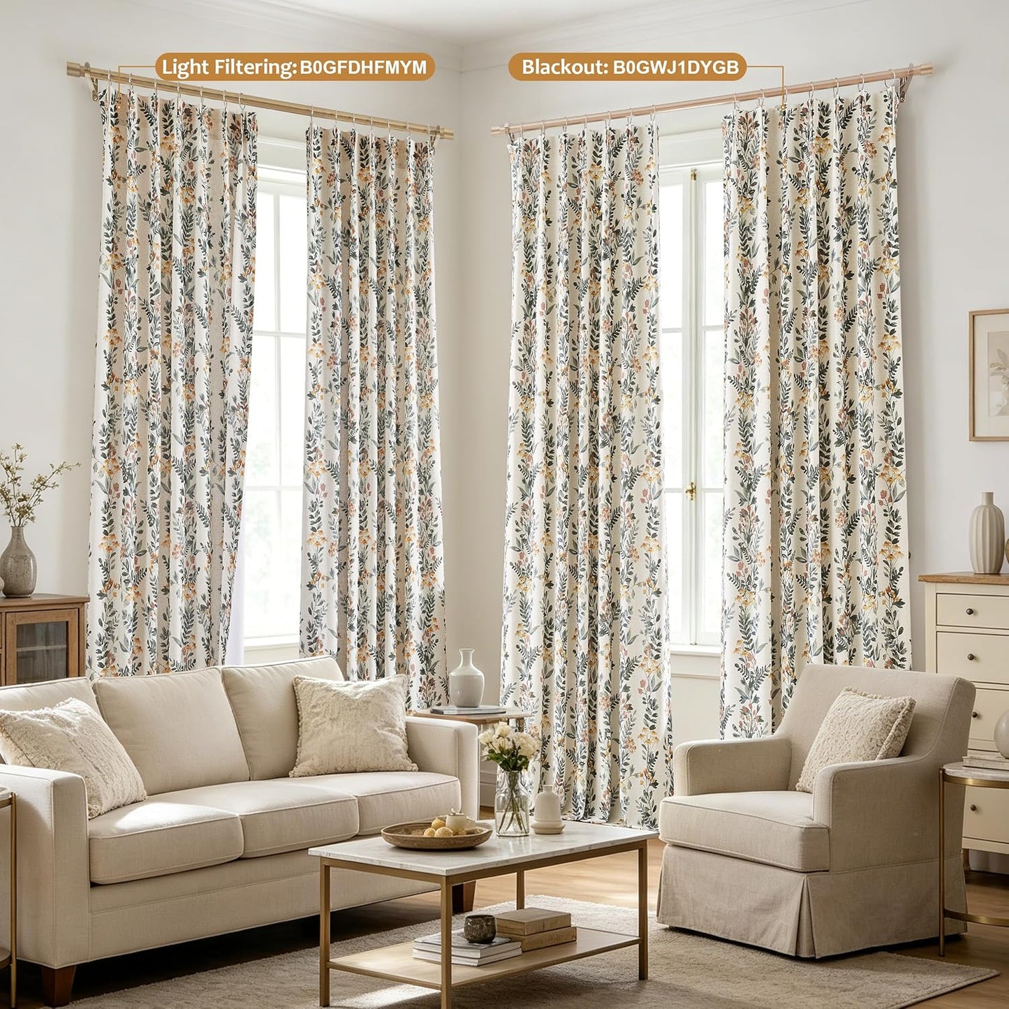 Kayne Studio Pinch Pleated Blackout Window Curtain Panels Botanical Floral Boho Leaf Print Country Farmhouse Green Yellow Room Darkening Thermal Insulated Window Treatment Bedroom,40"x108",2 Panels