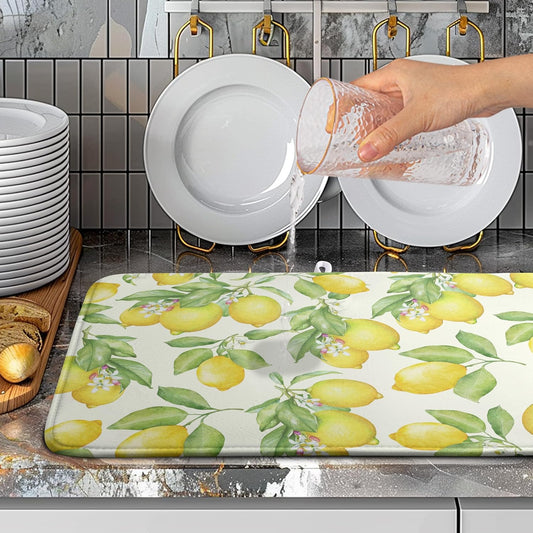 Summer Lemon Drying Mat Watercolor Fruit Yellow Lemon With Green Leaf Floral Dish Drying Mats for Kitchen Counter 18Γ24 Inch Microfiber Absorbent Dish Pad