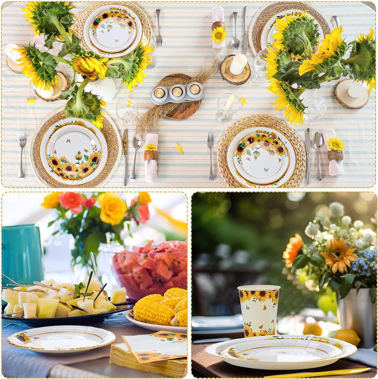 400 Pcs Sunflower Party Supplies for 50 Guests Disposable Plates Napkins Cups Spoons Forks Knives for Birthday Wedding Bridal Shower Baby Shower Decorations(Yellow, Sunflower)
